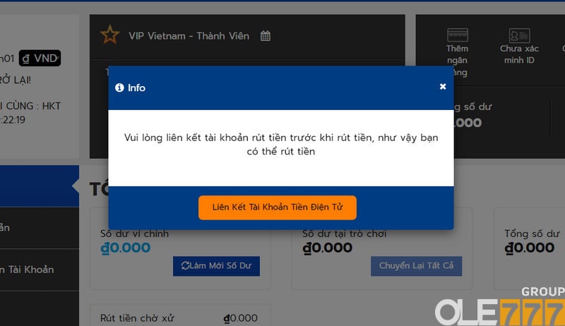 Liên kết tài khoản ngân hàng là việc bắt buộc để rút tiền từ OLE777