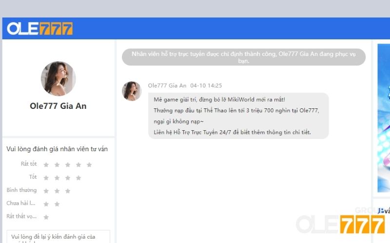 Phòng chat để liên hệ nhanh với OLE777