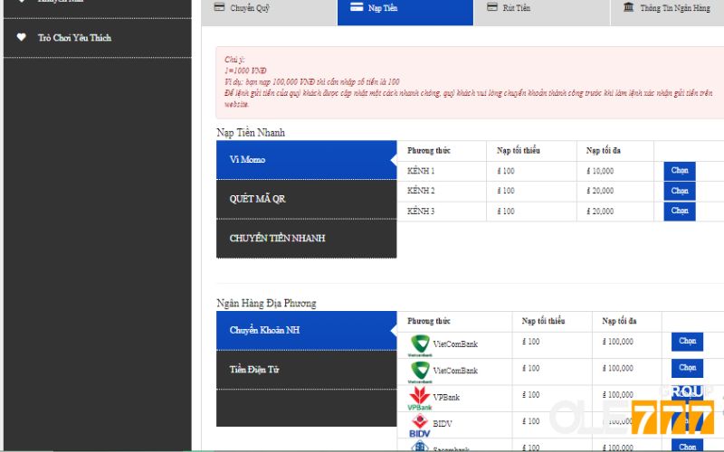 Phương thức giao dịch nạp tiền tại Ole777